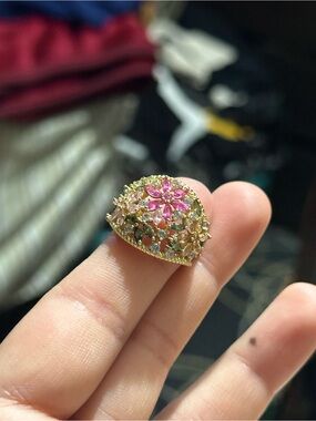 Elegant Pink Floral Gold-Tone Dome Ring